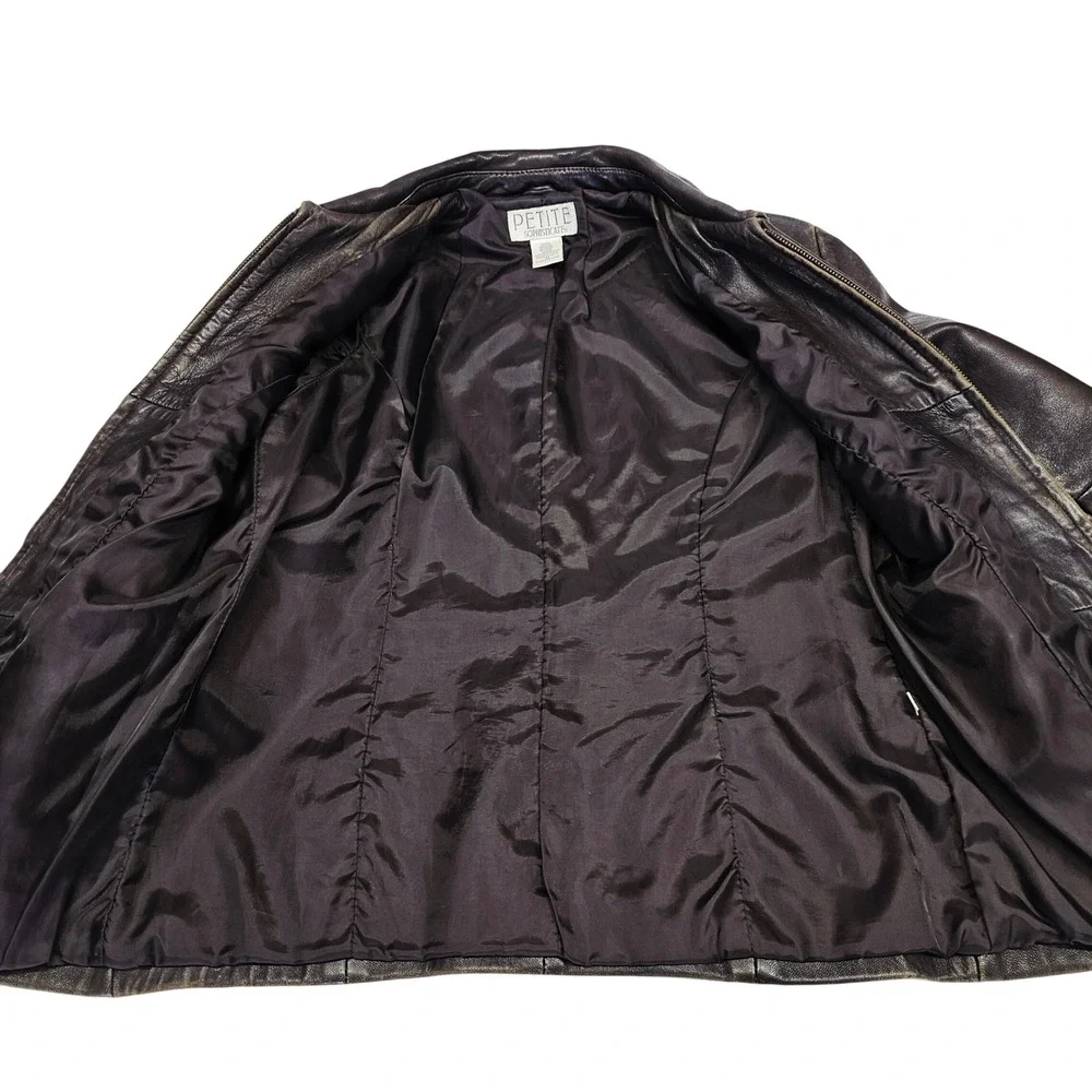 Petite Sophisticate Leather Jacket Womens M Dark Brown Distressed Zip Biker Grng - Picture 4 of 9